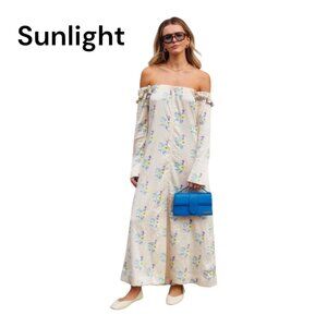 Ganni Floral Crinkled Satin Off-Shoulder Slit Maxi Dress Bell Sleeves Size 36